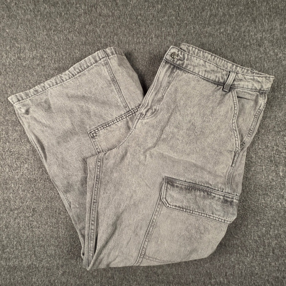 H&M Acid Wash Wide Leg Cargo Jeans Women Size 16 Utility Denim Baggy Y2K Grunge